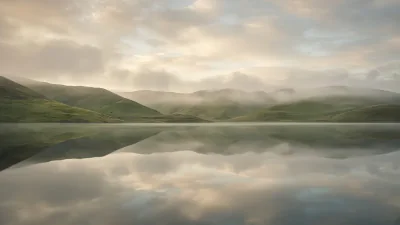 Green hills mirrored perfectly in a calm lake