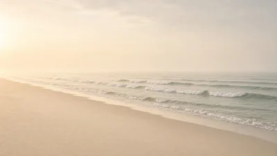 Slow, even waves rolling onto a soft beach at sunrise