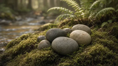 Smooth stones resting on moss beside a forest stream