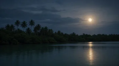 Full moon over a quiet palm lined lagoon at night