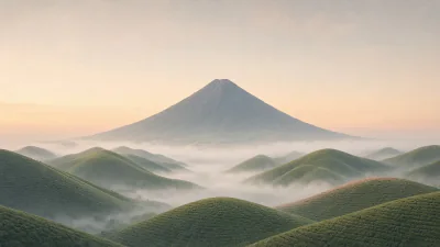 A single misty peak rising above soft green hills at dawn