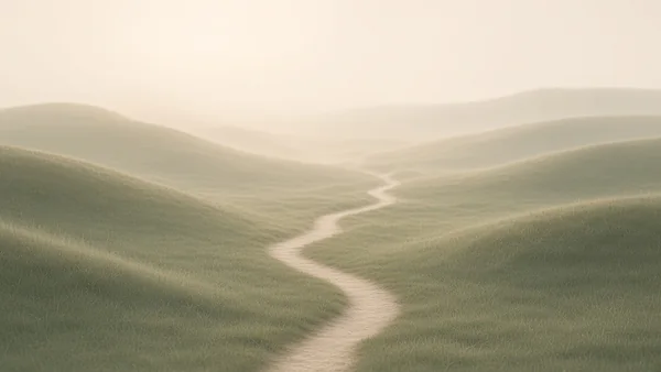 A quiet footpath winding through misty green hills