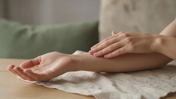 Flat fingers gliding lightly along the inner forearm