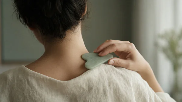 A jade gua sha stone sweeping from the back of the neck along the top of the shoulder
