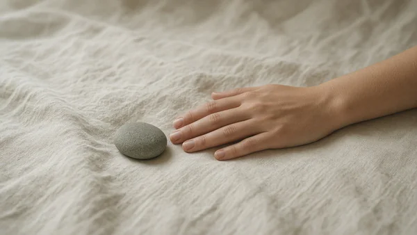 One relaxed hand resting flat on soft linen beside a smooth stone