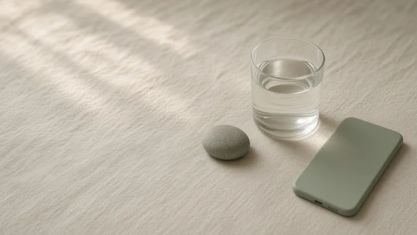 A glass of water, a smooth stone and a phone lying face down on soft linen